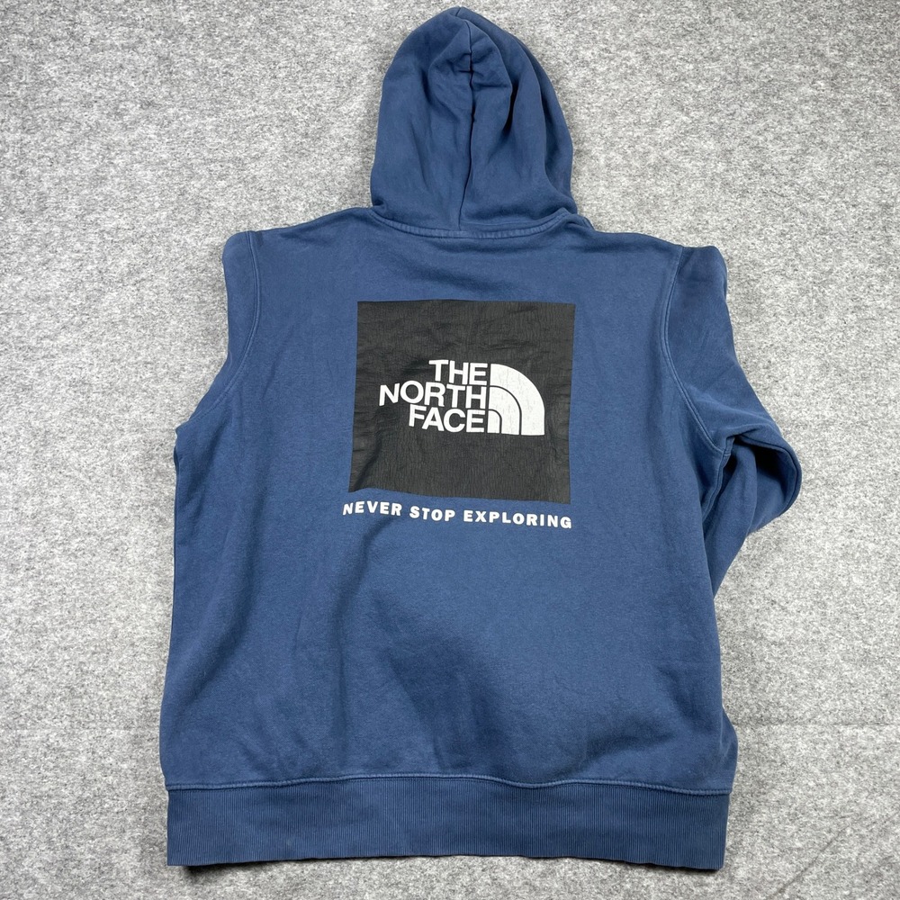 The North Face Hoodie Mens L Blue Box Logo Never Stop Exploring Outdoor Pullover